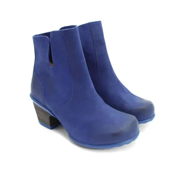 John Fluevog Hopefuls Rosy Royal Blu Buffed Toe 2.25" Heel Leather Booties SZ 6 - Picture 2 of 9